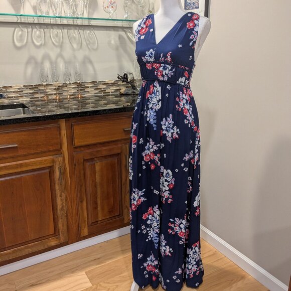 Japna Size Small Navy Floral Maxi Dress - V-Neck Smocked Waist & Button-Back - Picture 1 of 8
